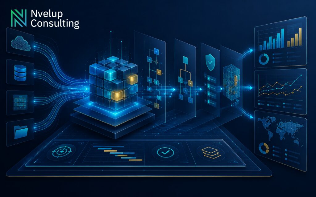Abstract technology illustration representing structured Oracle EPM implementation delivered on scope, on time, and on budget