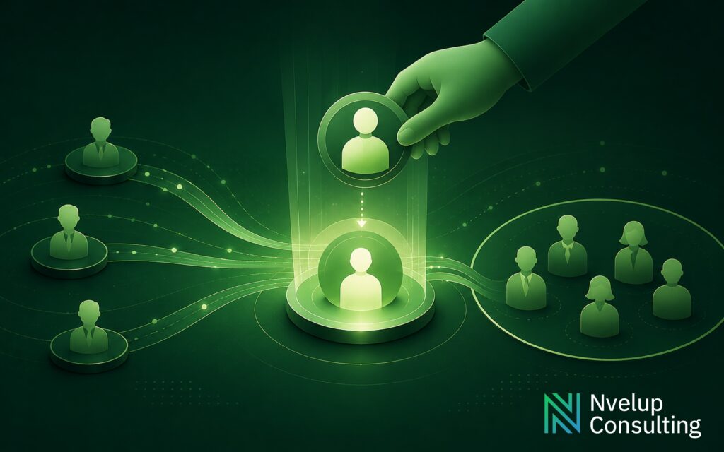 Stylized illustration of skilled professionals connected and matched into an organized team, representing Oracle EPM staffing and talent placement